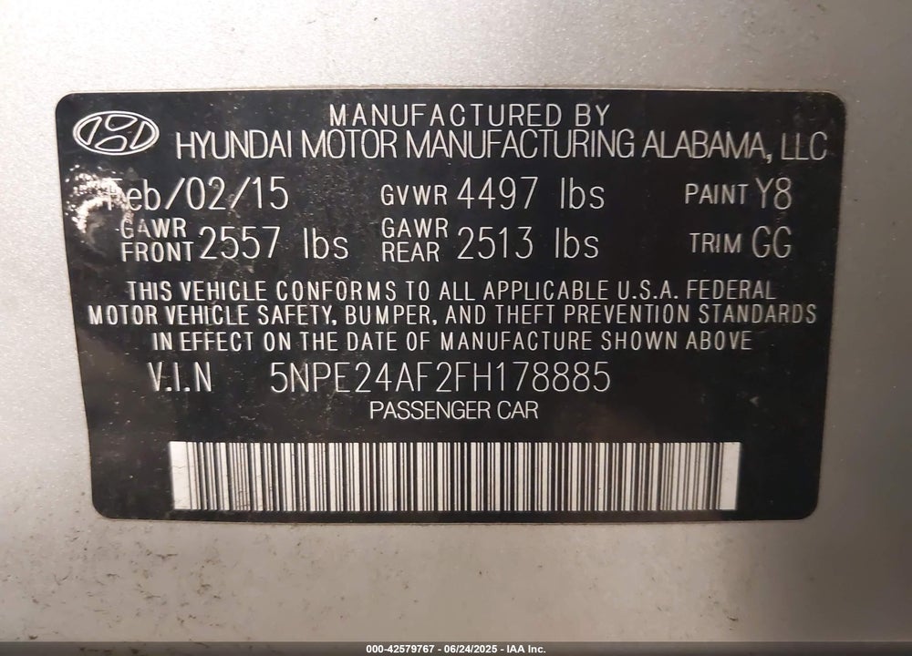 2015 HYUNDAI SONATA VIN: 5NPE24AF2FH178885