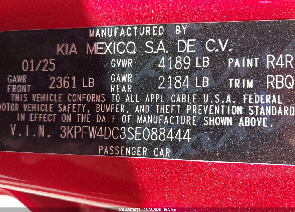 2025 KIA K4 GT-LINE TURBO VIN: 3KPFW4DC3SE088444
