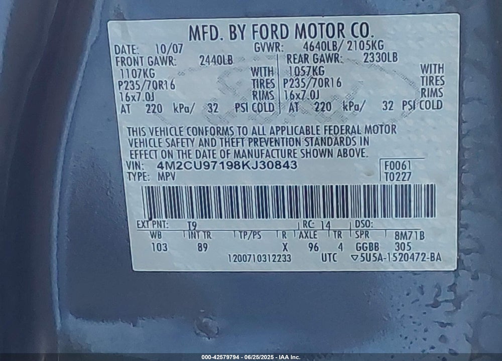 2008 MERCURY MARINER VIN: 4M2CU97198KJ30843