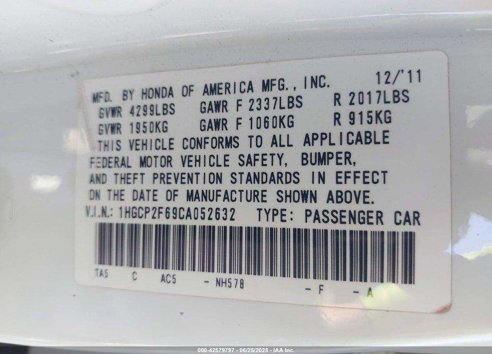 2012 HONDA ACCORD SDN VIN: 1HGCP2F69CA052632