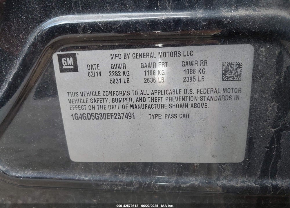 2014 BUICK LACROSSE VIN: 1G4GD5G30EF237491