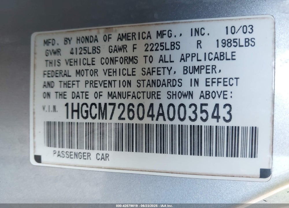 2004 HONDA ACCORD 2.4 EX VIN: 1HGCM72604A003543