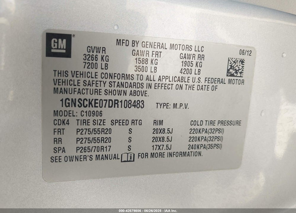 2013 CHEVROLET SUBURBAN 1500 LTZ VIN: 1GNSCKE07DR108483
