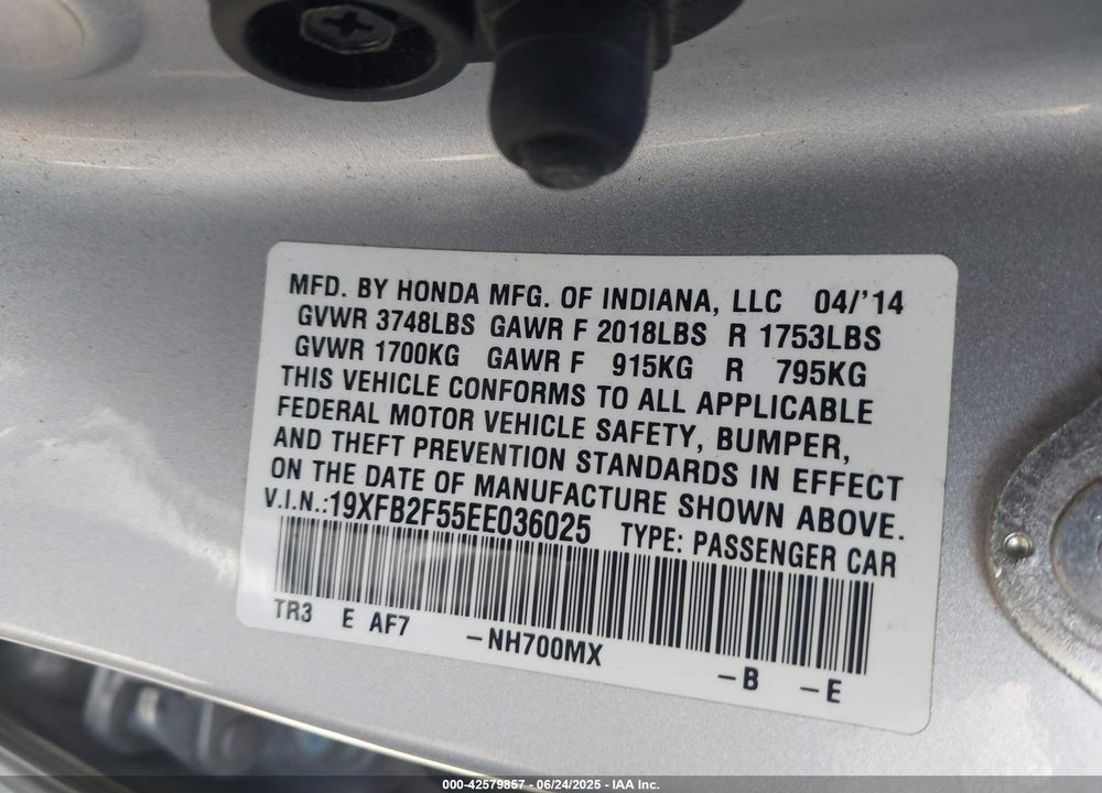 2014 HONDA CIVIC VIN: 19XFB2F55EE036025