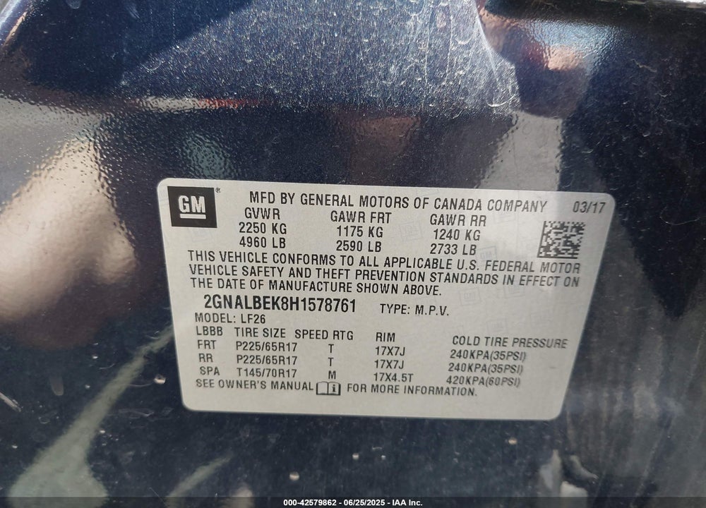 2017 CHEVROLET EQUINOX LS VIN: 2GNALBEK8H1578761
