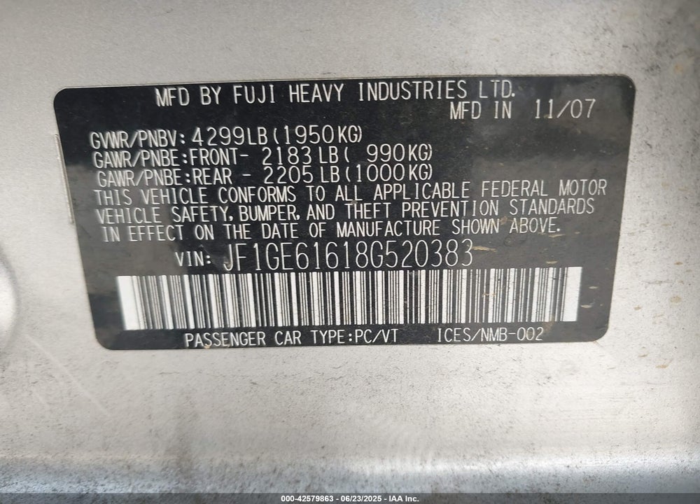 2008 SUBARU IMPREZA VIN: JF1GE61618G520383