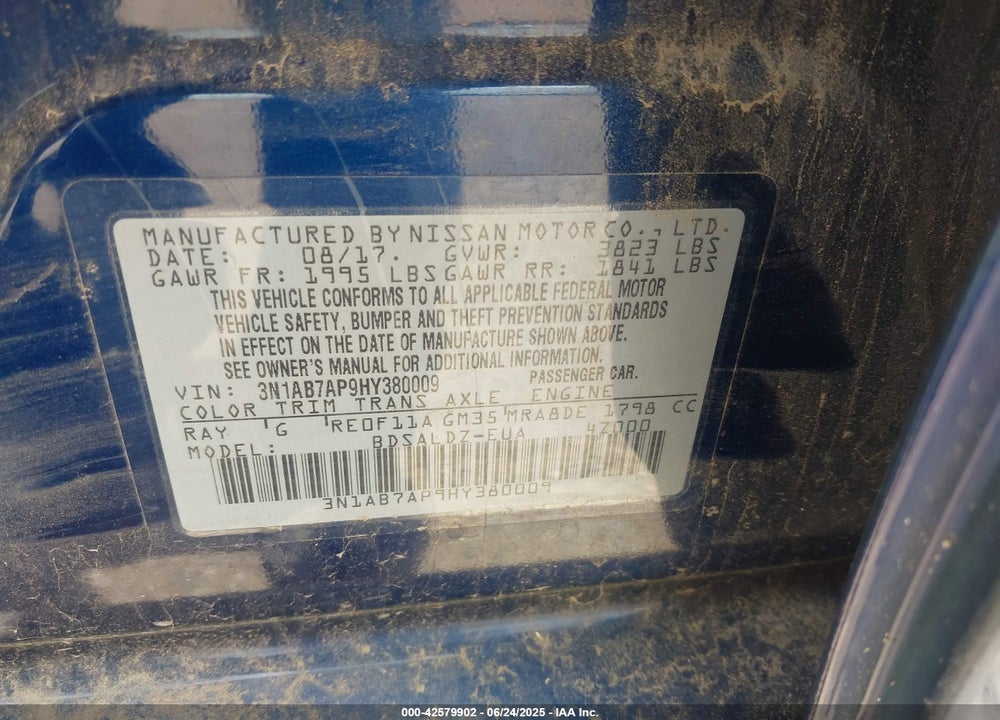 2017 NISSAN SENTRA SV VIN: 3N1AB7AP9HY380009