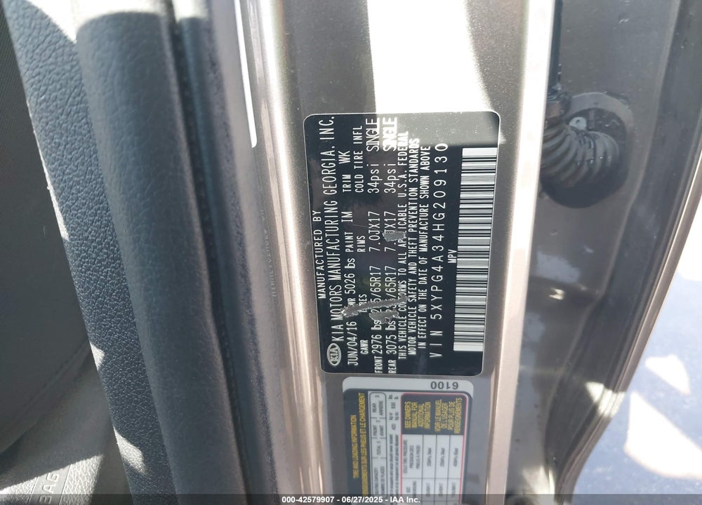2017 KIA SORENTO VIN: 5XYPG4A34HG209130