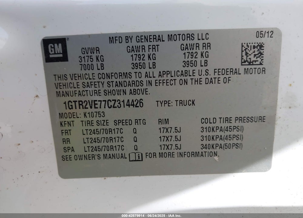 2012 GMC SIERRA 1500 SLE VIN: 1GTR2VE77CZ314426