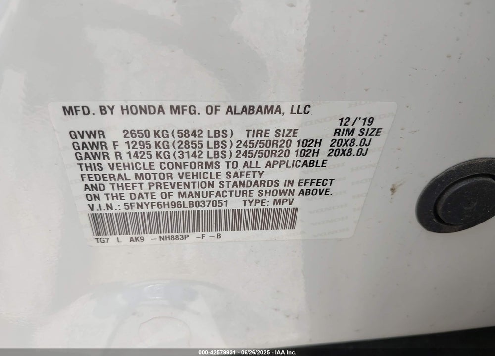 2020 HONDA PILOT AWD TOURING 8 PASSENGER VIN: 5FNYF6H96LB037051