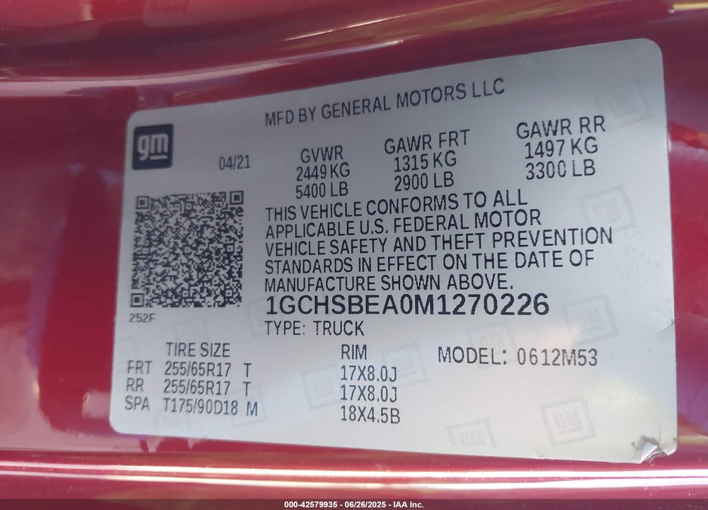 2021 CHEVROLET COLORADO VIN: 1GCHSBEA0M1270226