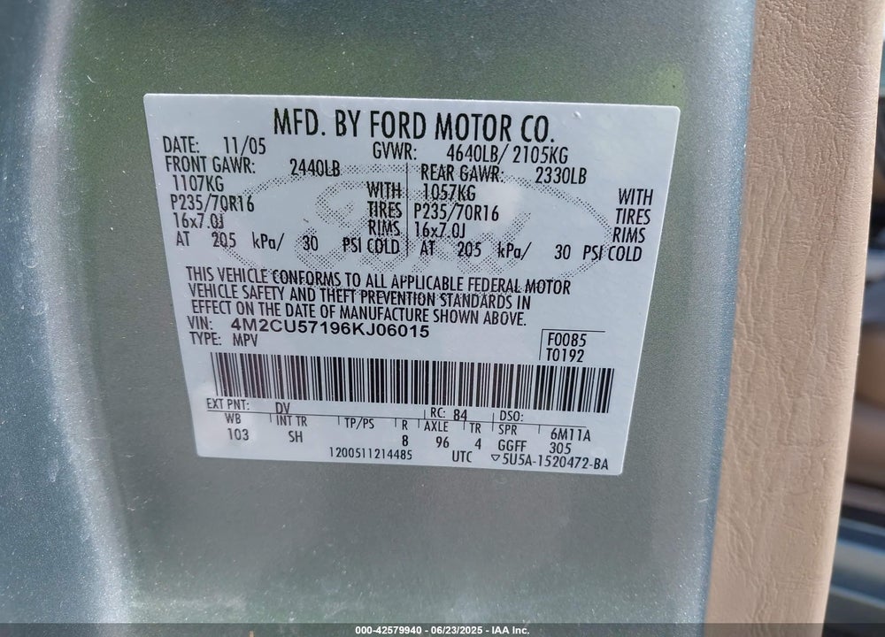 2006 MERCURY MARINER VIN: 4M2CU57196KJ06015