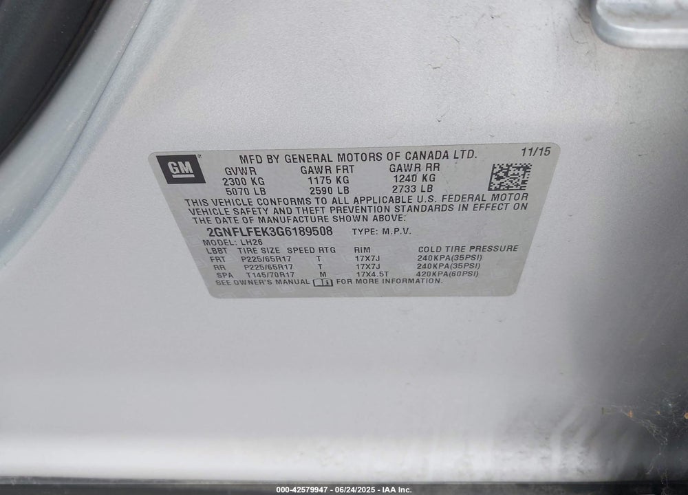 2016 CHEVROLET EQUINOX VIN: 2GNFLFEK3G6189508