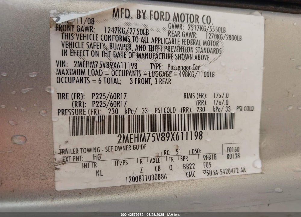 2009 MERCURY GRAND MARQUIS VIN: 2MEHM75V89X611198