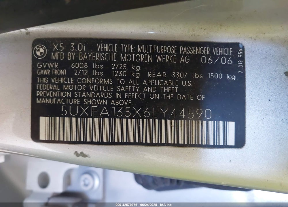 2006 BMW X5 VIN: 5UXFA135X6LY44590