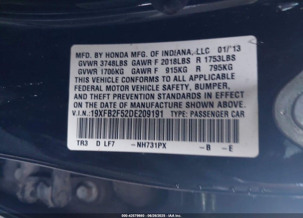 2013 HONDA CIVIC LX VIN: 19XFB2F52DE209191