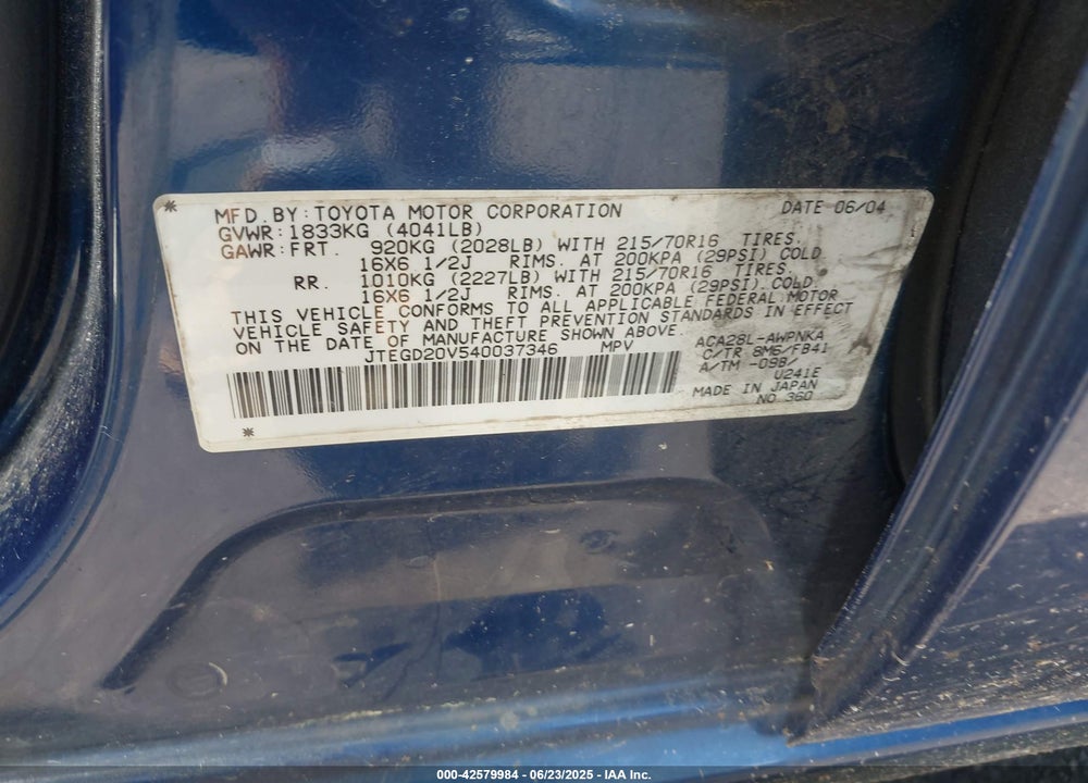 2004 TOYOTA RAV4 VIN: JTEGD20V540037346