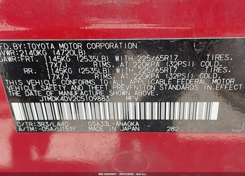 2012 TOYOTA RAV4 LIMITED V6 VIN: JTMDK4DV2C5109883