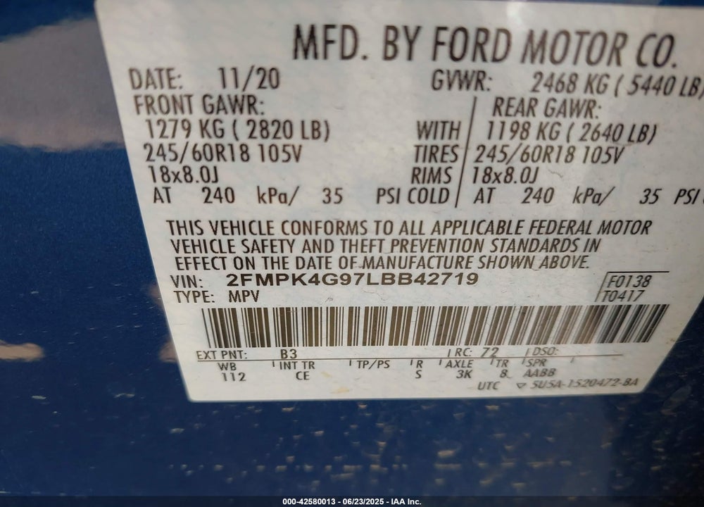2020 FORD EDGE SE VIN: 2FMPK4G97LBB42719