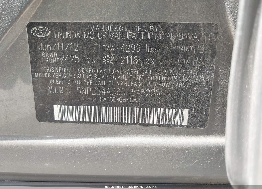 2013 HYUNDAI SONATA GLS VIN: 5NPEB4AC6DH545225