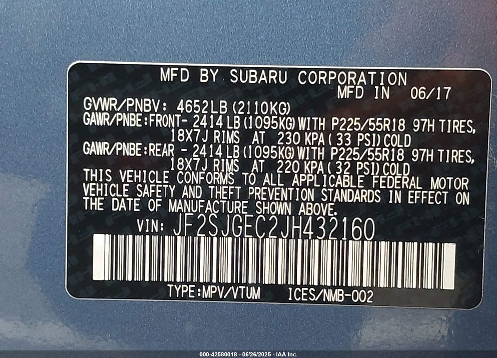 2018 SUBARU FORESTER VIN: JF2SJGEC2JH432160