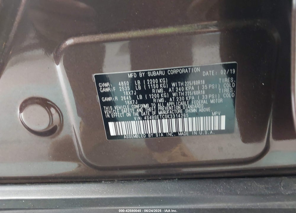 2019 SUBARU OUTBACK VIN: 4S4BSETC0K3314265