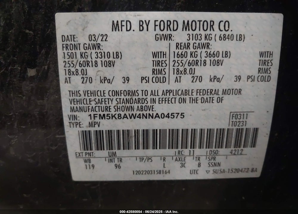 2022 FORD POLICE INTERCEPTOR SEDAN VIN: 1FM5K8AW4NNA04575