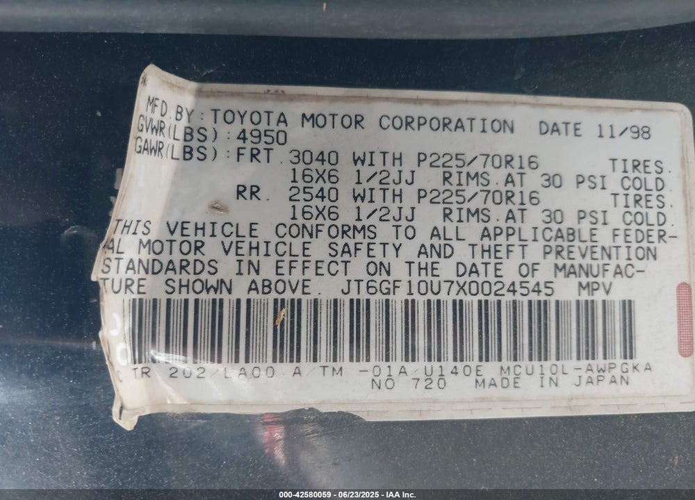 1999 LEXUS RX 300 VIN: JT6GF10U7X0024545