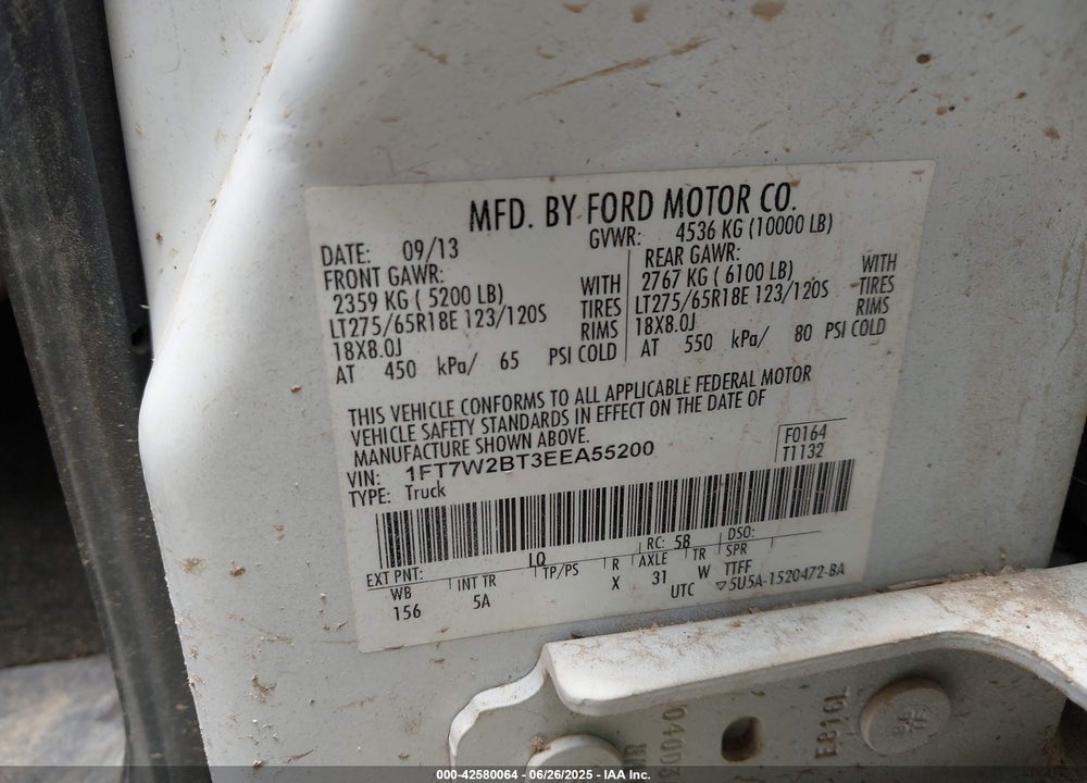 2014 FORD F-250 VIN: 1FT7W2BT3EEA55200
