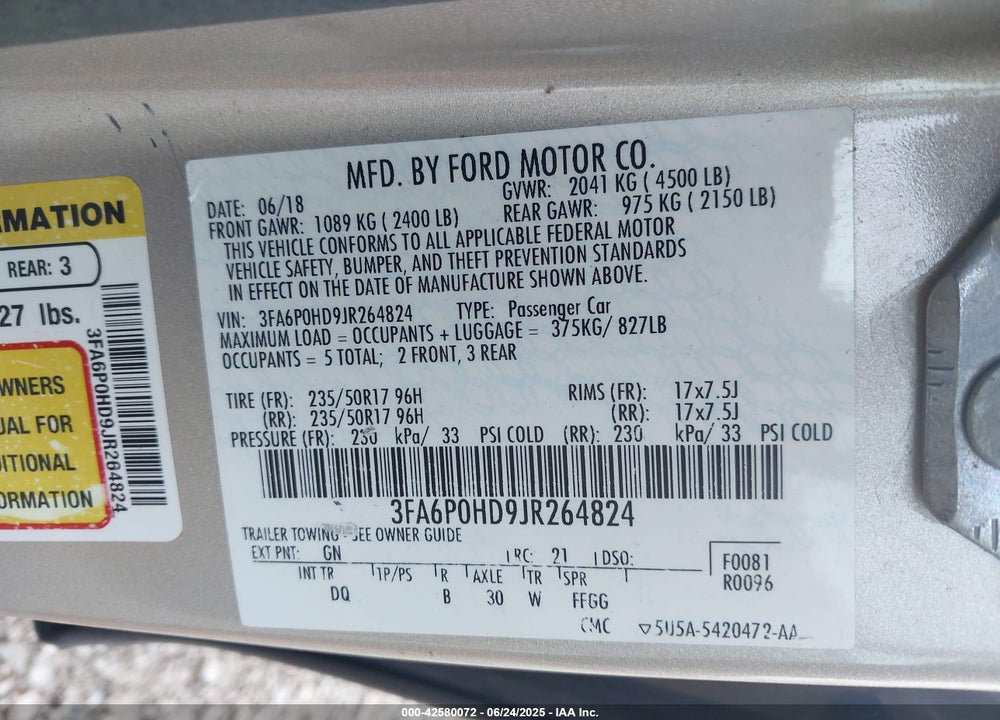 2018 FORD FUSION VIN: 3FA6P0HD9JR264824