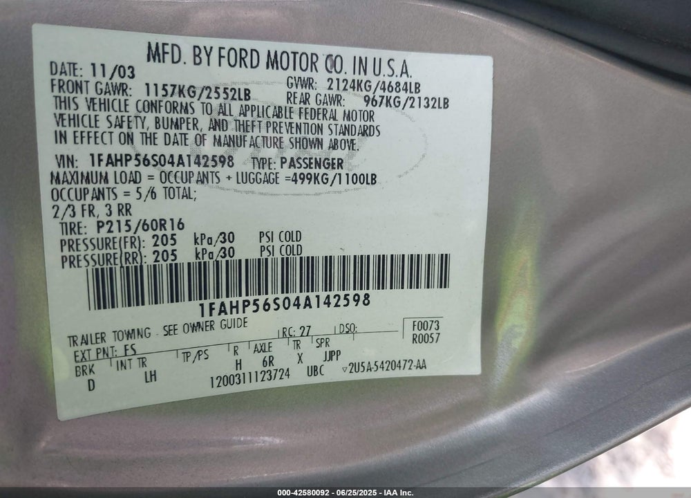 2004 FORD TAURUS SEL VIN: 1FAHP56S04A142598