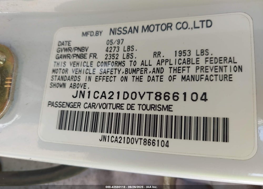 1997 NISSAN MAXIMA GLE/GXE/SE VIN: JN1CA21D0VT866104