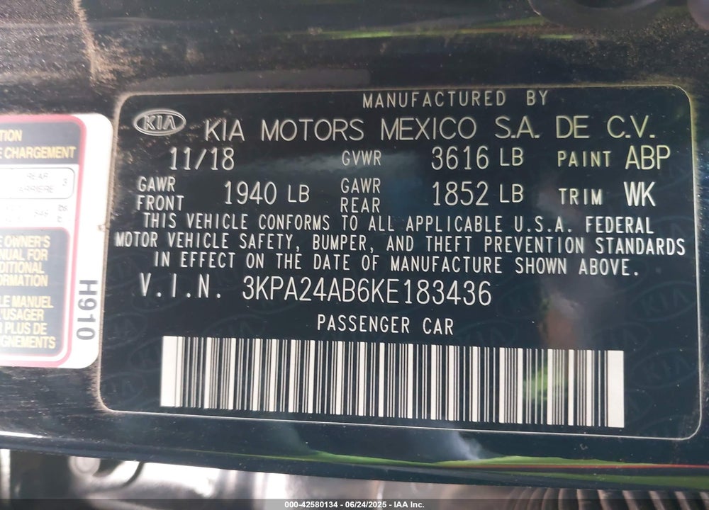 2019 KIA RIO VIN: 3KPA24AB6KE183436