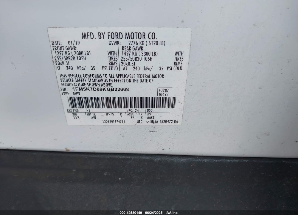 2019 FORD EXPLORER VIN: 1FM5K7D89KGB02668