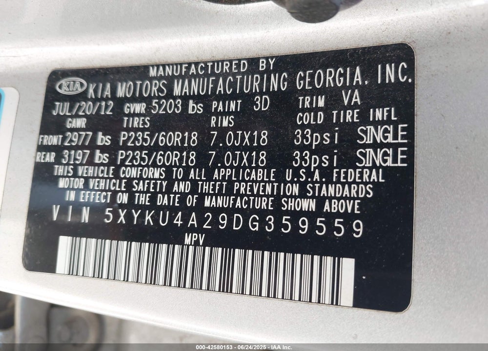 2013 KIA SORENTO VIN: 5XYKU4A29DG359559