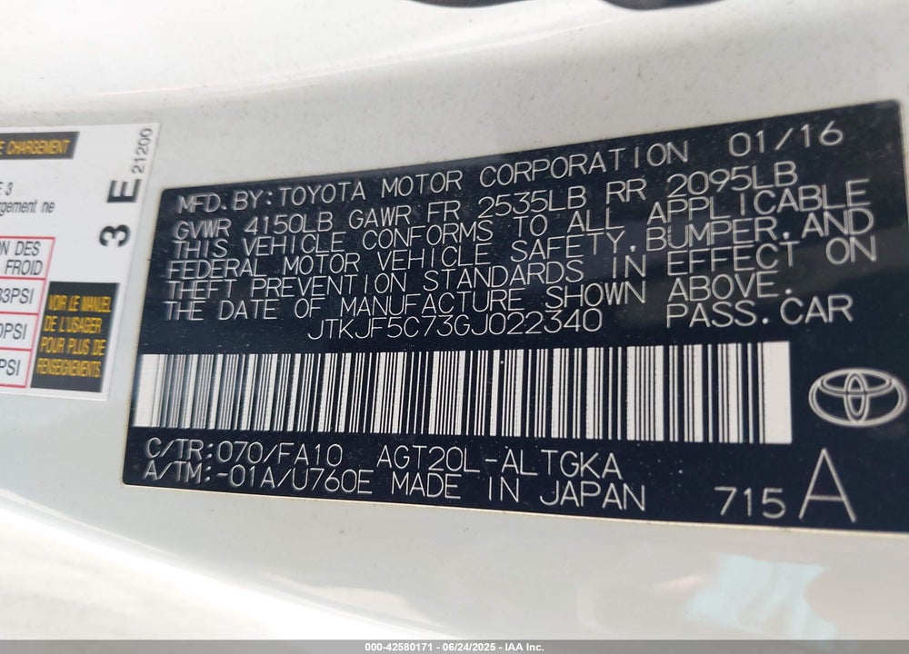 2016 SCION TC VIN: JTKJF5C73GJ022340