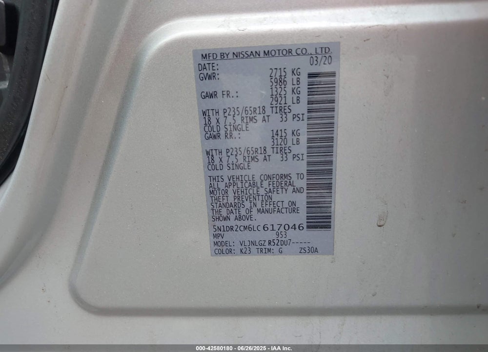 2020 NISSAN PATHFINDER VIN: 5N1DR2CM6LC617046