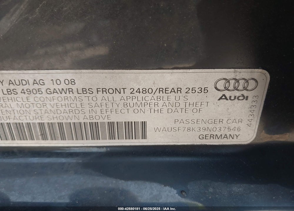 2009 AUDI A4 VIN: WAUSF78K39N037546