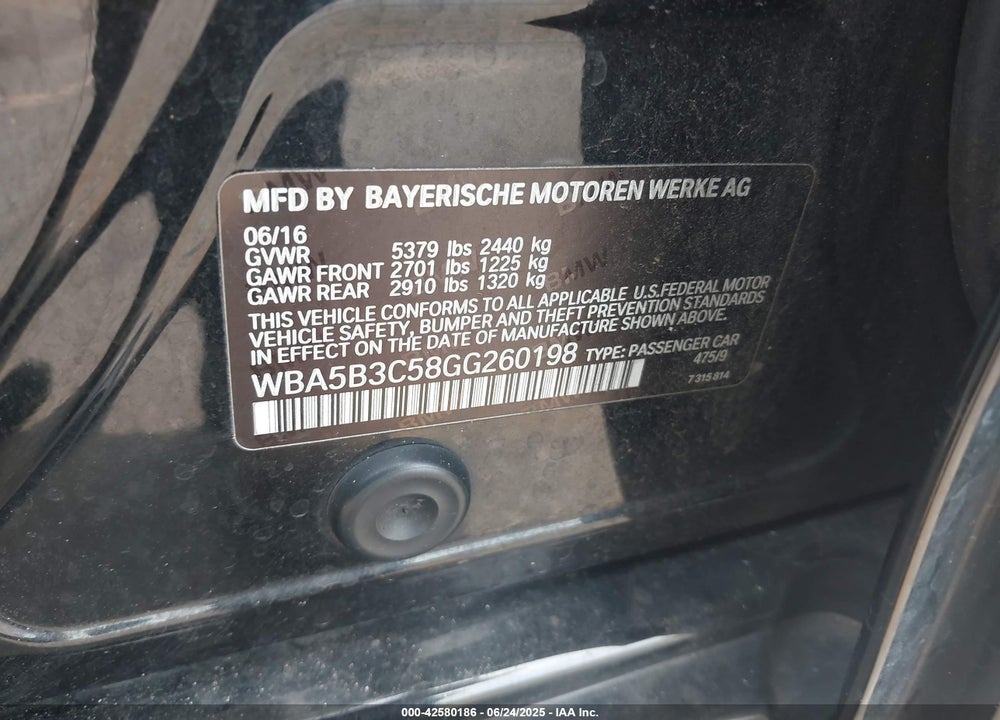 2016 BMW 535I XDRIVE VIN: WBA5B3C58GG260198