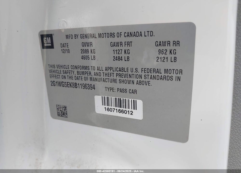 2011 CHEVROLET IMPALA VIN: 2G1WG5EK8B1196394