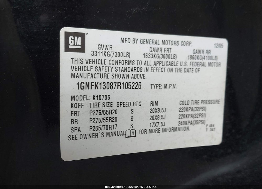 2007 CHEVROLET TAHOE LTZ VIN: 1GNFK13087R105226