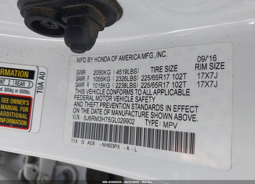 2016 HONDA CR-V EX-L VIN: 5J6RM3H75GL029902