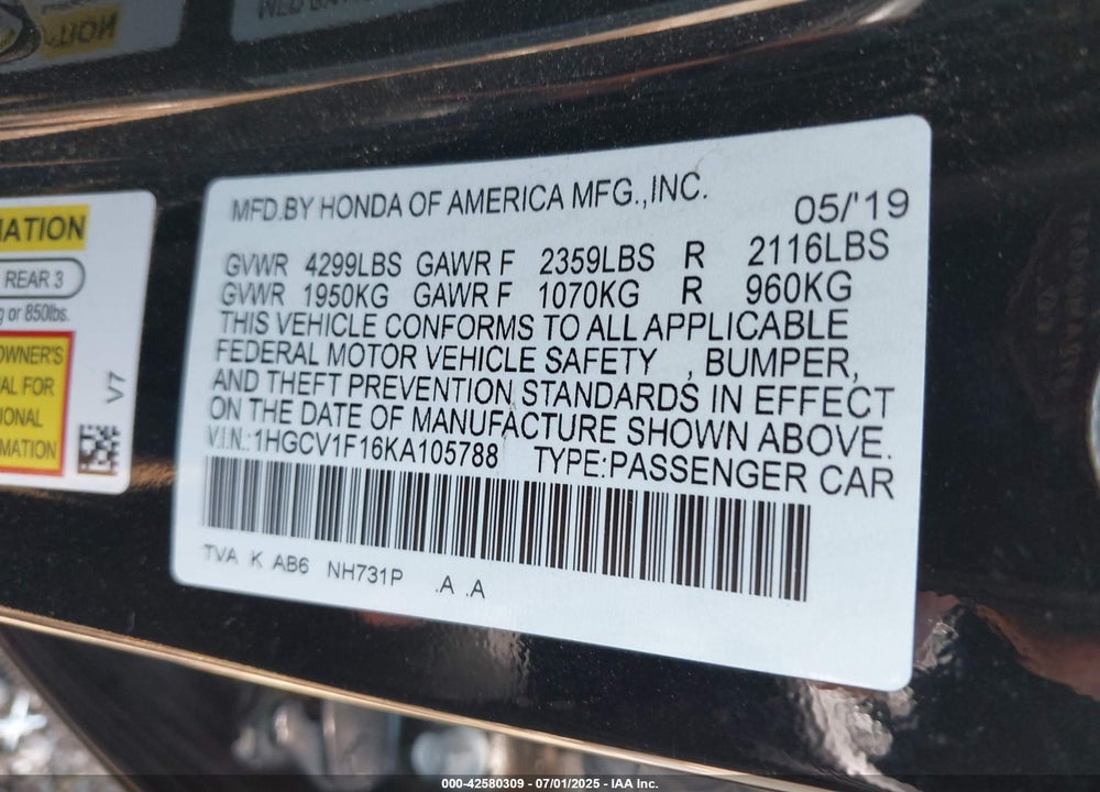 2019 HONDA ACCORD VIN: 1HGCV1F16KA105788