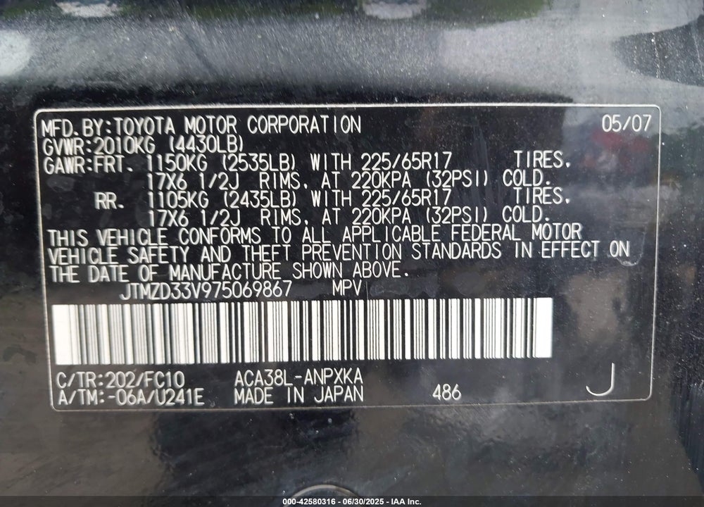2007 TOYOTA RAV4 VIN: JTMZD33V975069867