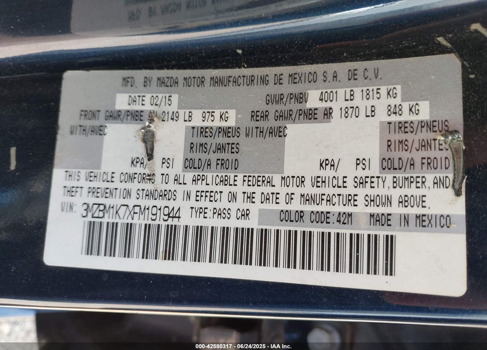 2015 MAZDA 3 VIN: 3MZBM1K7XFM191944