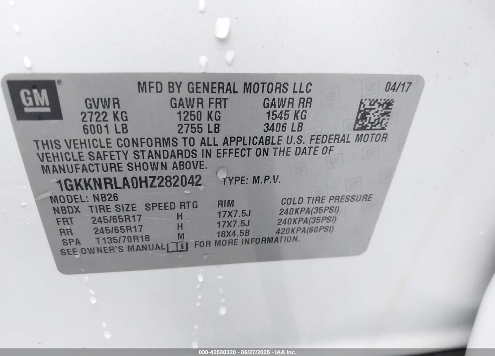 2017 GMC ACADIA VIN: 1GKKNRLA0HZ282042
