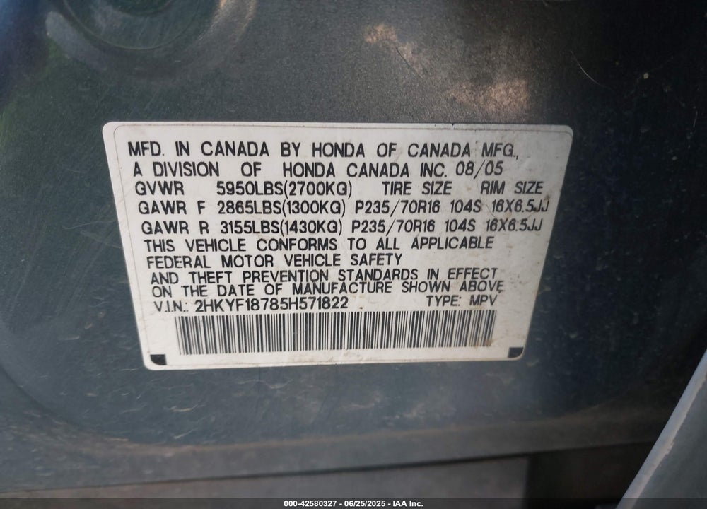 2005 HONDA PILOT EX-L VIN: 2HKYF18785H571822