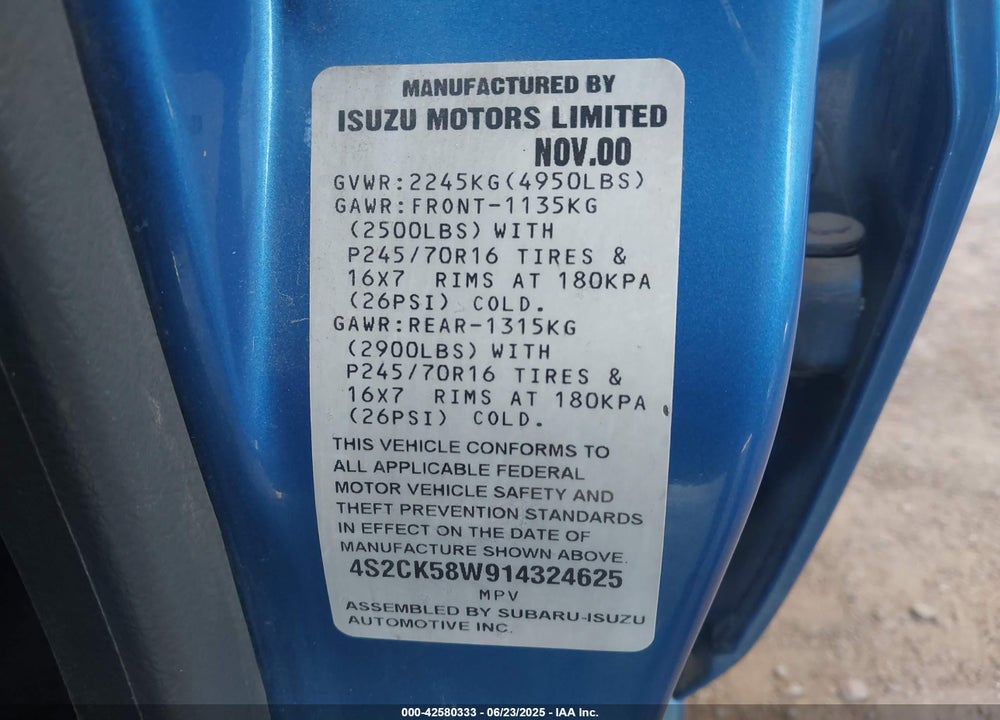 2001 ISUZU RODEO VIN: 4S2CK58W914324625