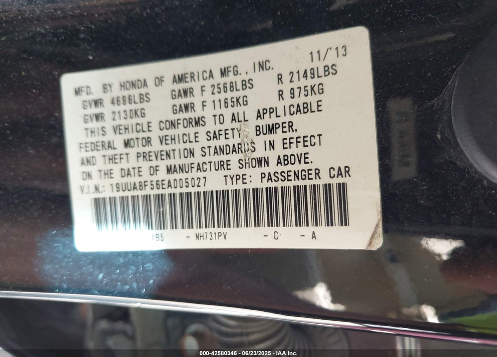 2014 ACURA TL VIN: 19UUA8F56EA005027