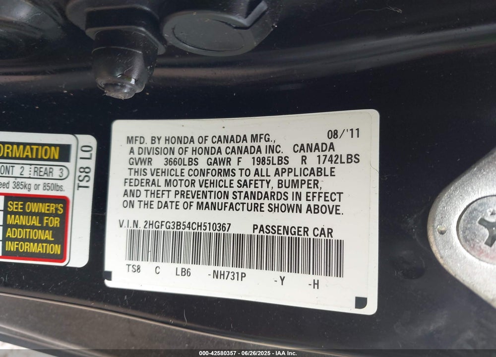 2012 HONDA CIVIC LX VIN: 2HGFG3B54CH510367
